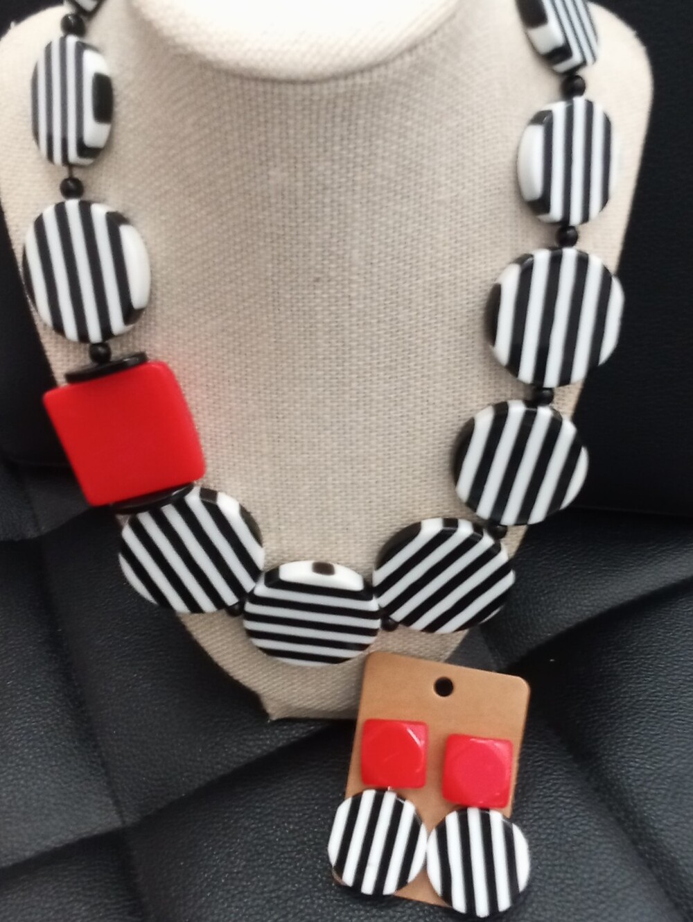 Bold Black & White Striped Necklace and Red Accent Earrings - Women Jewelry